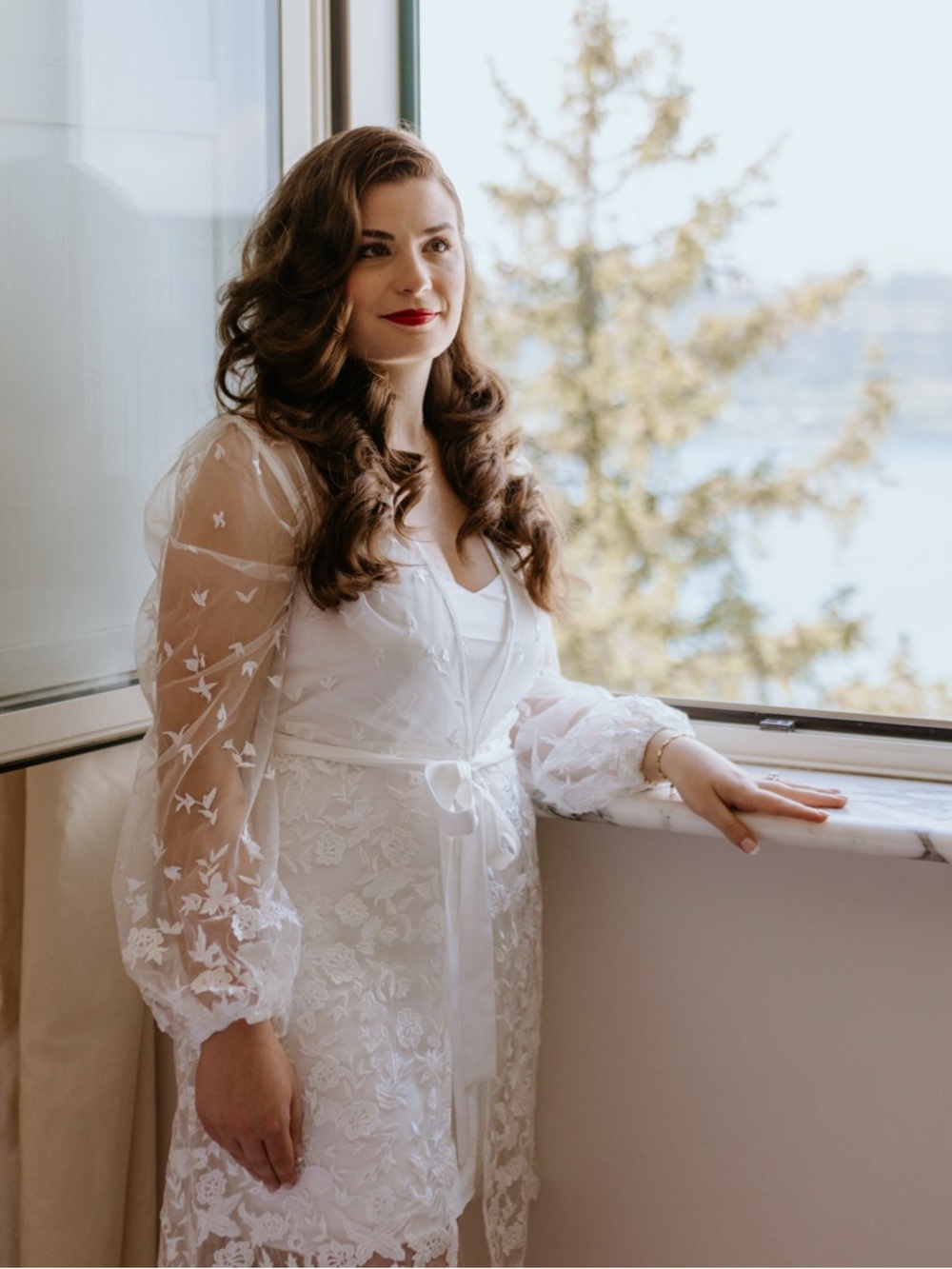 Sheer Embroidered Ivory Maxi Dress with Balloon Sleeves